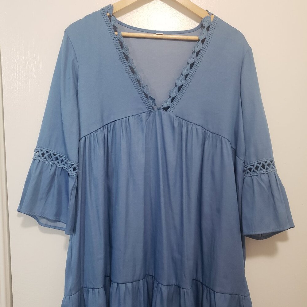 Blue Boho Peasant Dress w/ Crochet Trim (Size M)